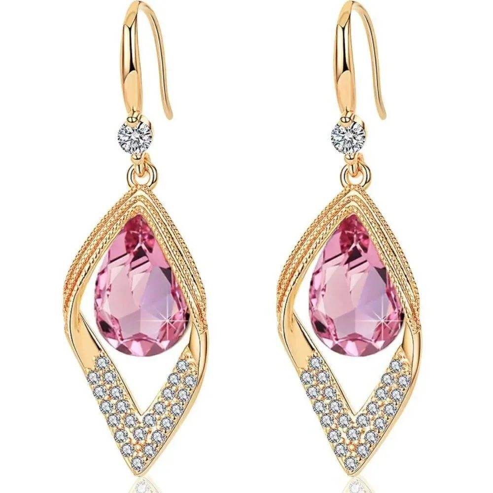 14K Yellow Gold with Pink Sapphire Austrian Crystal Halo Leaf Teardrop Earrings